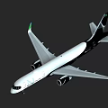 Modern Passenger Aircraft With White Fuselage Black Tail Green Wingtips SAT Logo And Twin Engines