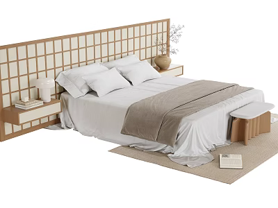 Modern Double Bed With Wooden Grid Headboard White Sheets And Gray Blanket 3d model
