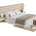 Modern Double Bed With Wooden Grid Headboard White Sheets And Gray Blanket