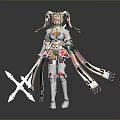 Game and Movie Character White Outfit with Red Accents Twin Ponytails Holding Double Bladed Weapon