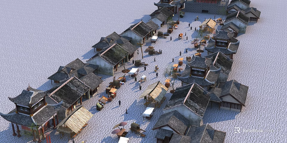 Ancient Architecture Street With Traditional Houses Stone Paths And Pedestrians 3d model 