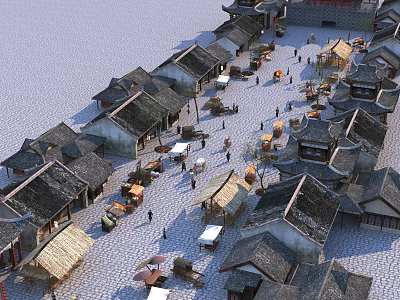 Ancient Architecture Street With Traditional Houses Stone Paths And Pedestrians 3d model