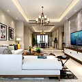 Modern Living And Dining Room With White Sofa Chandelier TV Decorative Paintings And Dining Set