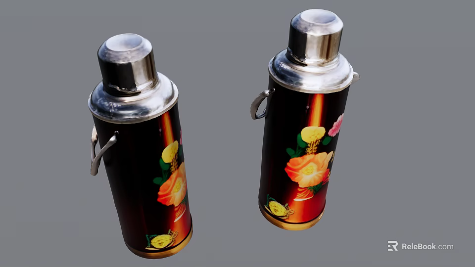 Decorative Thermos Flasks With Silver Lids Black Bodies And Colorful Flower Patterns 3d model 