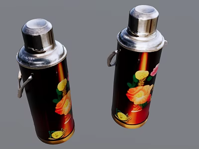 Decorative Thermos Flasks With Silver Lids Black Bodies And Colorful Flower Patterns 3d model