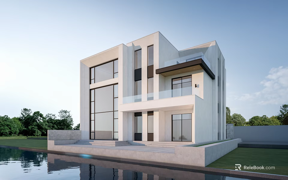 Modern Detached Villa Exterior With Large Windows Balcony And Swimming Pool 3d model 