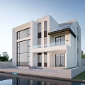 Modern Detached Villa Exterior With Large Windows Balcony And Swimming Pool