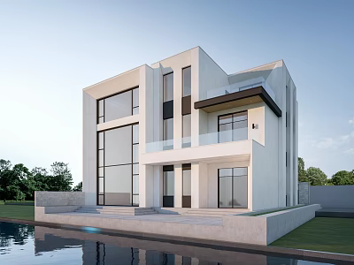 Modern Detached Villa Exterior With Large Windows Balcony And Swimming Pool 3d model