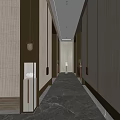 Modern Hotel Corridor Featuring Textured Walls Warm Lighting And Marble Flooring With Potted Plants