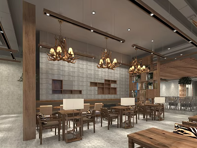 Rustic Restaurant Interior With Wooden Tables Chairs And Hanging Chandeliers 3d model