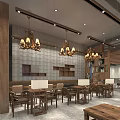 Rustic Restaurant Interior With Wooden Tables Chairs And Hanging Chandeliers