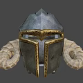 Medieval Fantasy Horned Helmet with Golden Accents Intricate Design and Curved Ram Horns on Dark