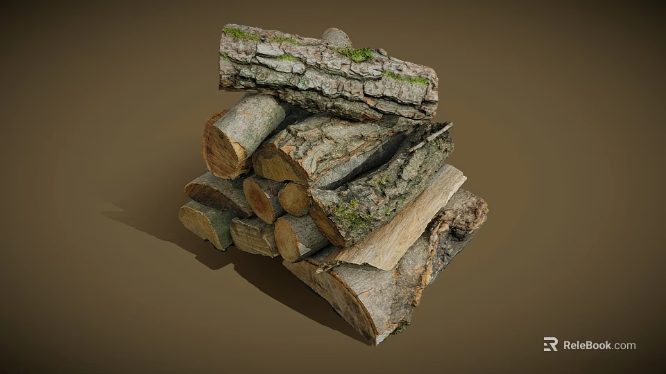 Pile Of Natural Stacked Wood Logs With Rough Bark And Green Moss 3d model 