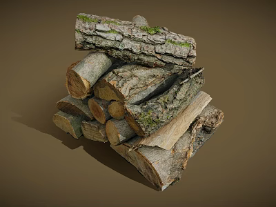 Pile Of Natural Stacked Wood Logs With Rough Bark And Green Moss 3d model