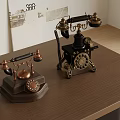 Vintage Telephones On Wooden Desk With Retro Style And Poster Background