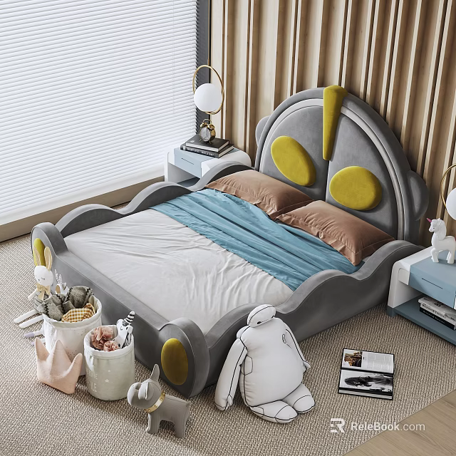 Gray Kids Bed With Yellow Accent Headboard Brown Pillows Blue Blanket And Stuffed Toys 3d model 