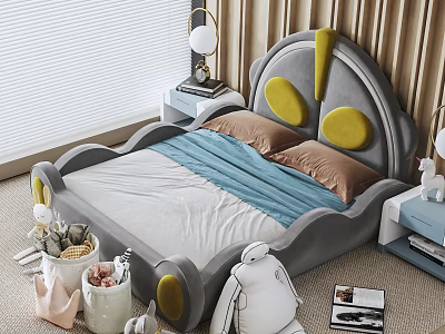 Gray Kids Bed With Yellow Accent Headboard Brown Pillows Blue Blanket And Stuffed Toys 3d model
