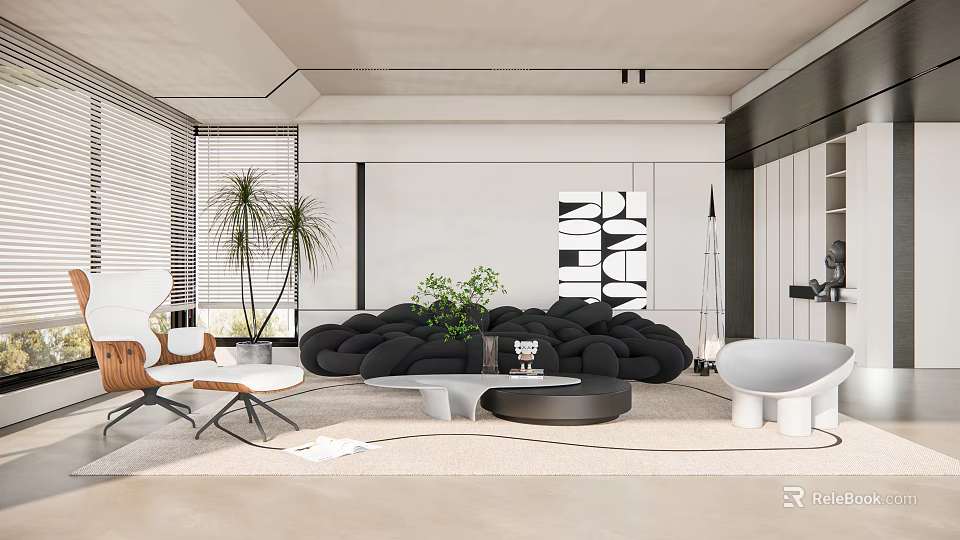 Modern Living Room Interior With Black Sofa Coffee Table Green Plants And Decorative Art 3d model 