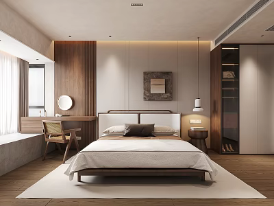 Modern Natural Bedroom Interior With Wooden Bed Nightstand Dresser Mirror And Decorative Painting 3d model