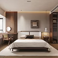 Modern Natural Bedroom Interior With Wooden Bed Nightstand Dresser Mirror And Decorative Painting