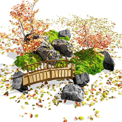 Wooden Landscape Bridge Surrounded by Rocks Green Moss and Autumn Trees with Fallen Leaves 3d model
