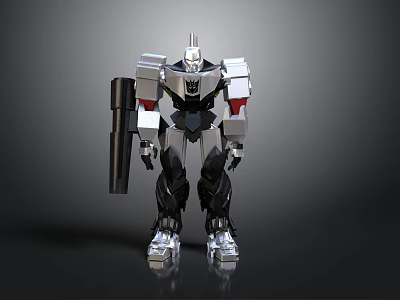 Silver And Black Mech Robot Stance With Red Accents And Weapon 3d model