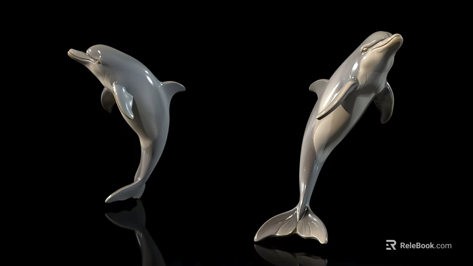 Two Leaping Dolphin Statues With Shiny Surface On Black Background 3d model 
