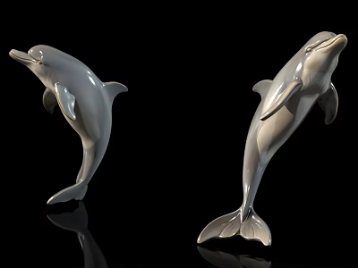 Two Leaping Dolphin Statues With Shiny Surface On Black Background 3d model