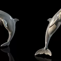 Two Leaping Dolphin Statues With Shiny Surface On Black Background