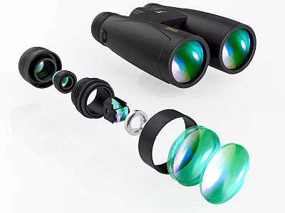 Black Binoculars With Disassembled Optical Lenses Prism And Components On White Background 3d model