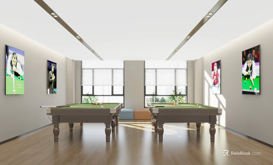 Spacious Modern Billiard Room With Two Tables Large Windows And Decorative Posters 3d model