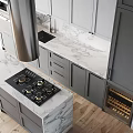 Modern Kitchen Interior Featuring Gray And White Cabinets Marble Countertop Central Island And Appliances