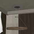 Modern Minimalist Wooden Ring Chandelier With Metal Accents Wooden Wall Panel And White Curtains