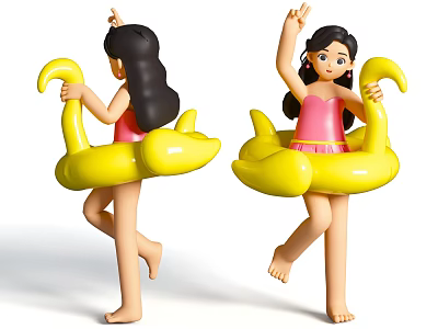 Two Women In Pink Swimsuits With Yellow Swan Inflatable Rings Posing Playfully 3d model