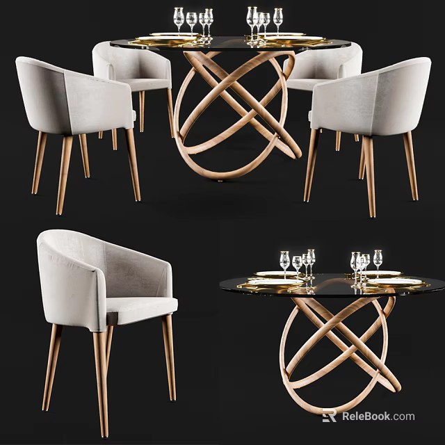 Dining Table Set With Wooden Cross Base Light Gray Chairs And Glass Tabletop Dinnerware 3d model