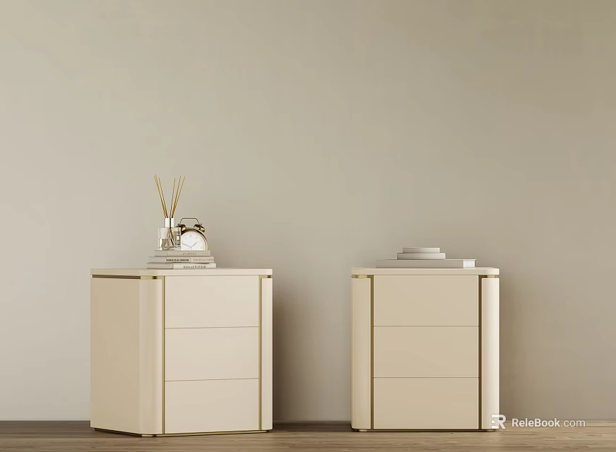 Modern Cream Bedside Tables With Drawers Alarm Clock Reed Diffuser And Books 3d model 