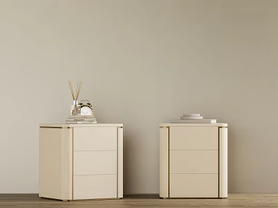 Modern Cream Bedside Tables With Drawers Alarm Clock Reed Diffuser And Books 3d model