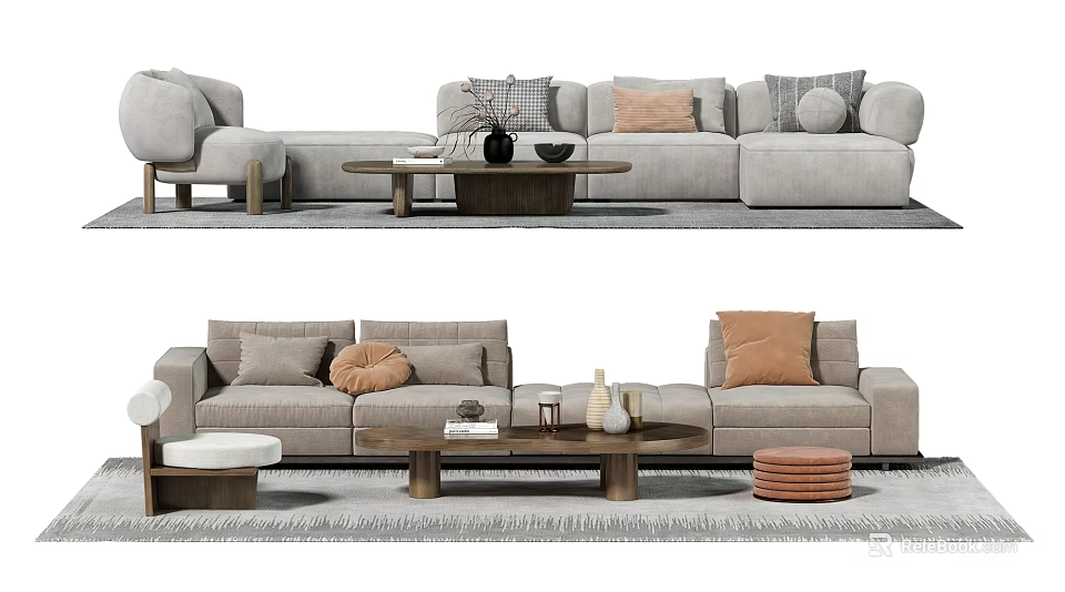Light Gray Sofa Coffee Table Set With Decorative Pillows And Wooden Table 3d model