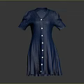 Blue V Neck Short Sleeves Pleated Dress With White Buttons Elegant Fit