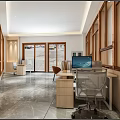 Modern Office Workspace With Desks Computers Chairs Elevator And Company Logo