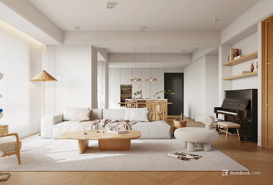 Modern Open Living Dining Room Interior With White Sofa Wooden Coffee Table Piano And Rug 3d model 