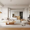 Modern Open Living Dining Room Interior With White Sofa Wooden Coffee Table Piano And Rug