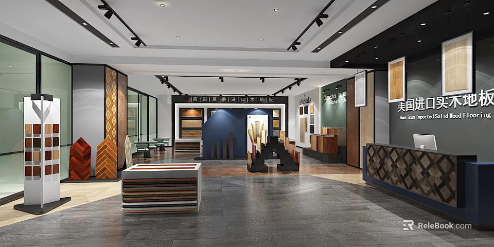 Modern Exhibition Hall Showroom With Wooden Material Samples Display Counters And Color Panels 3d model 