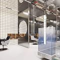 Modern Beauty Salon Interior Design Featuring White Metallic Open Reception Area Round Mirror and Seating
