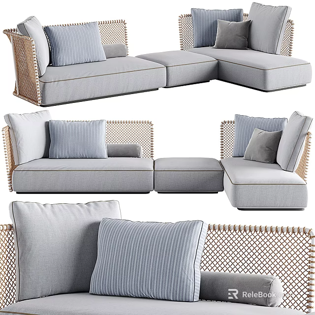 Gray Wicker Outdoor Sofa With Modular Design And Comfortable Cushions 3d model