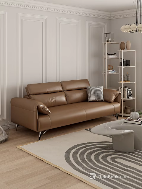 Brown Leather Double Sofa in Living Room with Wooden Floor Side Shelf and Coffee Table 3d model 
