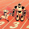 Tech Exhibition Hall Robot Display With Race Track And Numbers 3 4 5