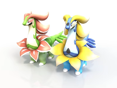 Colorful Flower Shaped Pokemon Figurines With Pink Green Yellow Blue Designs 3d model