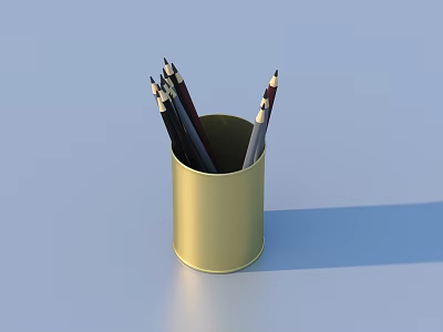 Multiple Pencils Stored in Golden Pen Holder on Light Blue Background 3d model