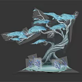 3D Stylized Blue Tree Plant With Gray Trunk Blue Leaves And Decorative Base